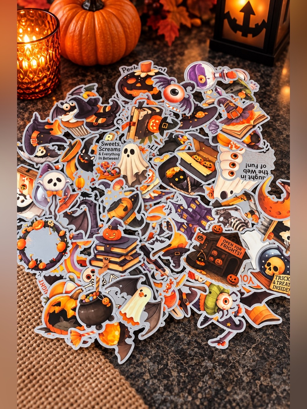 100pc Halloween Stickers Pumpkin Ghost Candy Spooky Kids Crafts Party Favors